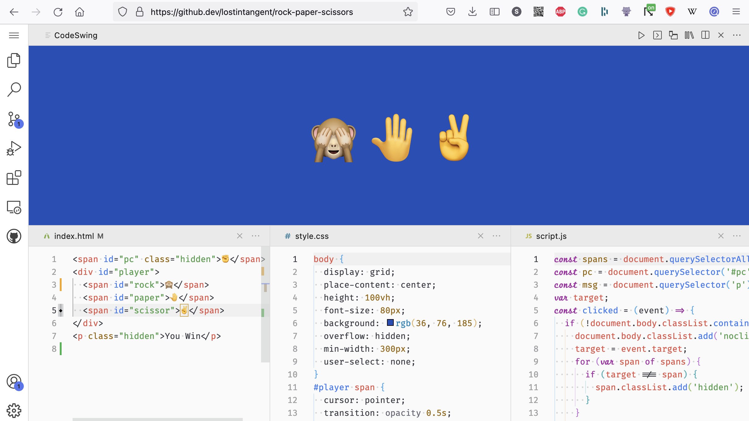 Rock Paper Scissors repo including a CodePen-like coding environment using CodeSwing