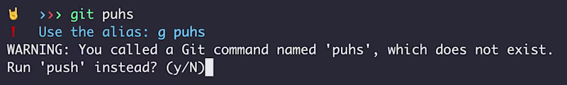 git autocorrect in action asking to correct `git puhs`
