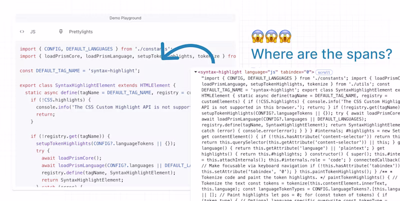 A syntax highlighted code block implemented without span elements.
