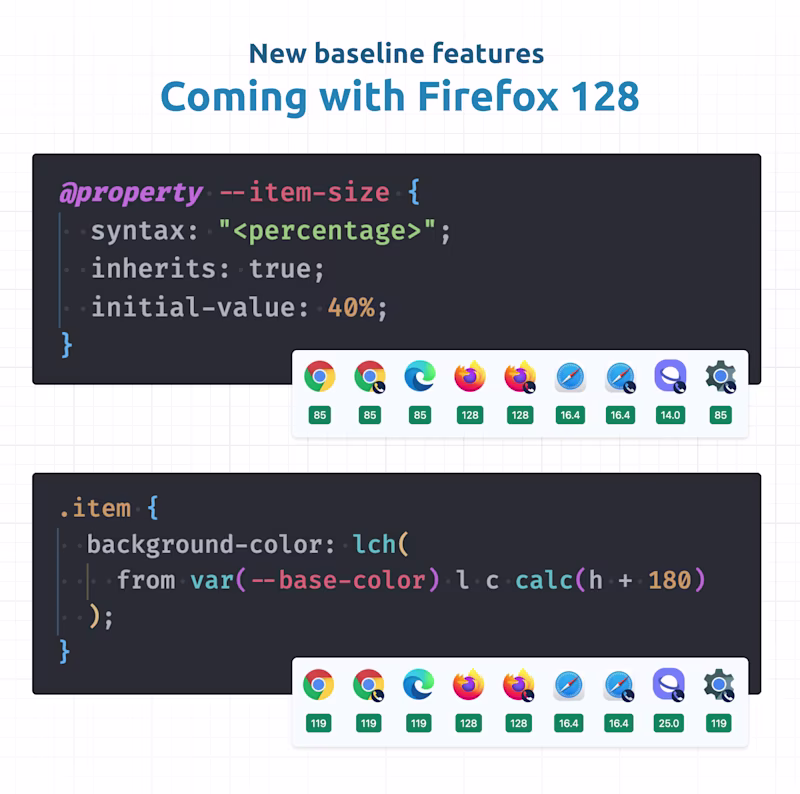 Graphic showing that @property and relative colors are now cross-browser supported.
