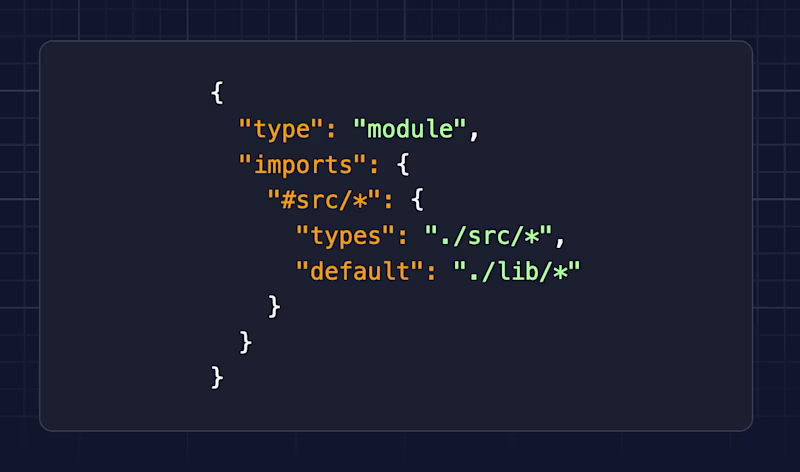 {   "type": "module",   "imports": {     "#src/*": {       "types": "./src/*",       "default": "./lib/*"     },     "#test/*": {       "types": "./test/*",       "default": "./test/*"     }   } }