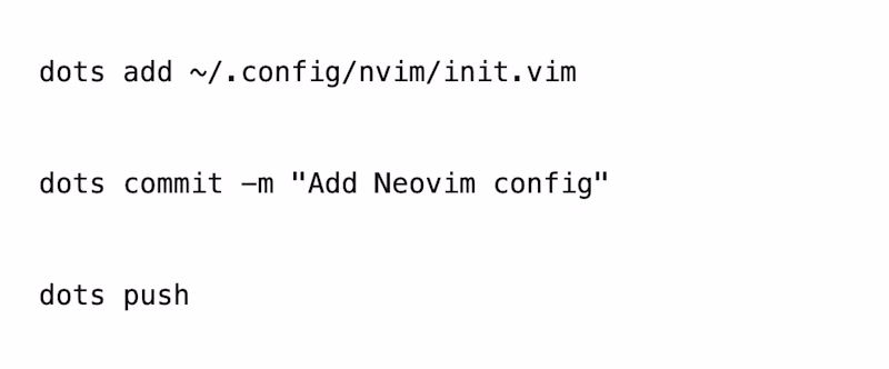 dots add ~/.config/nvim/init.vim;  dots commit -m "Add Neovim config";  dots push;