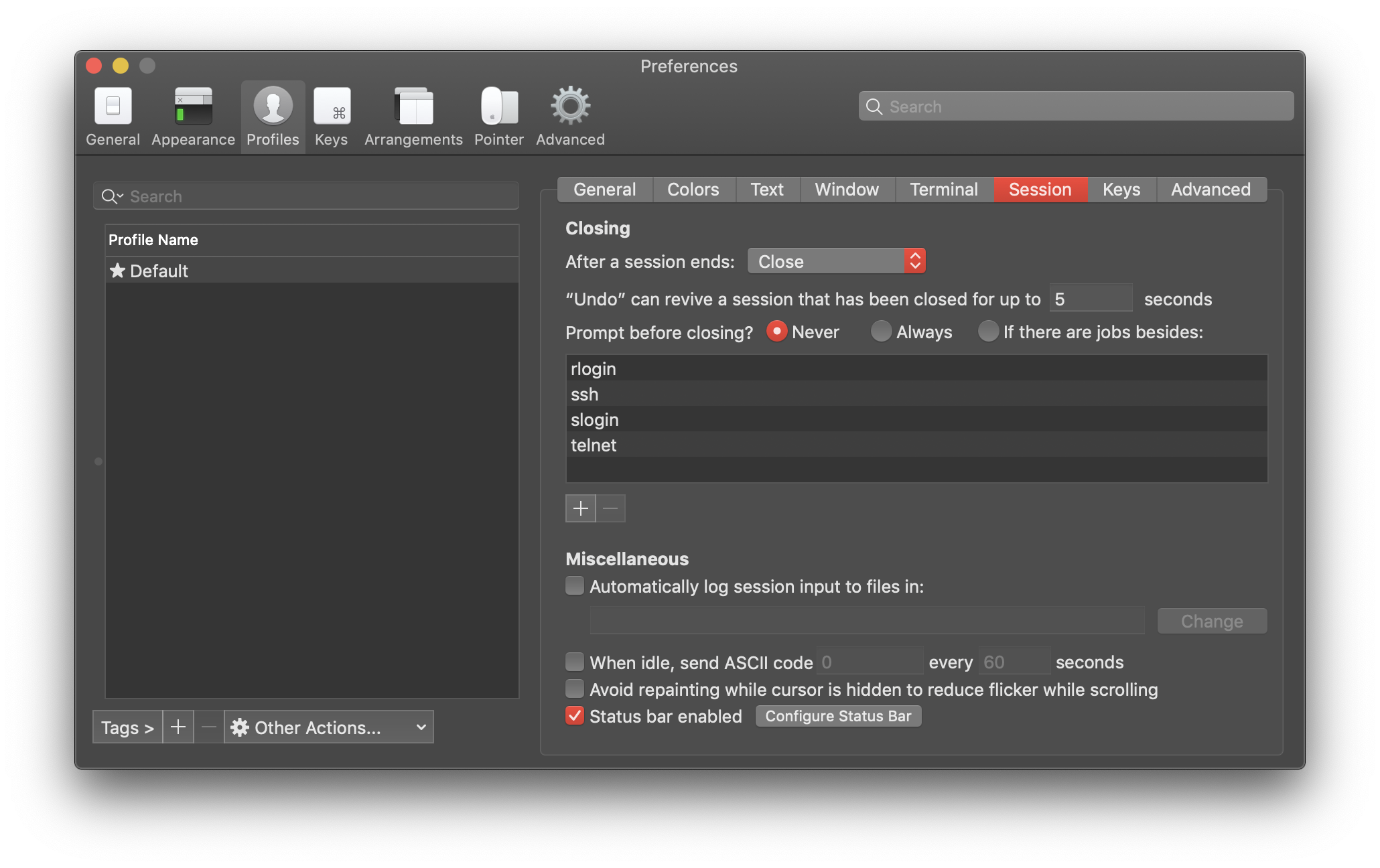 Profiles - Session dialog in iTerm2 settings