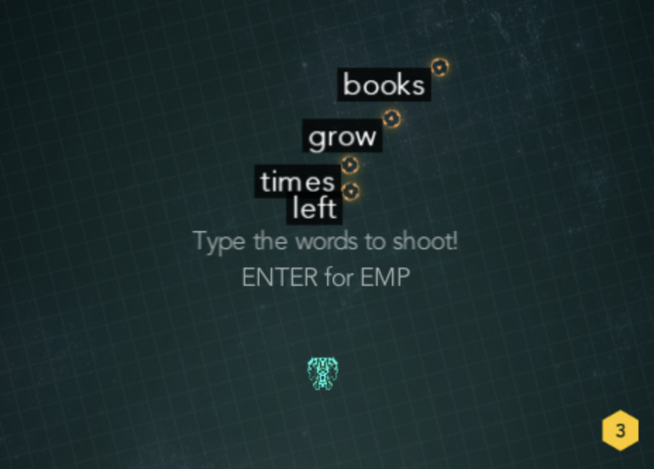 An interactive game showing a spaceship and words to be shot.