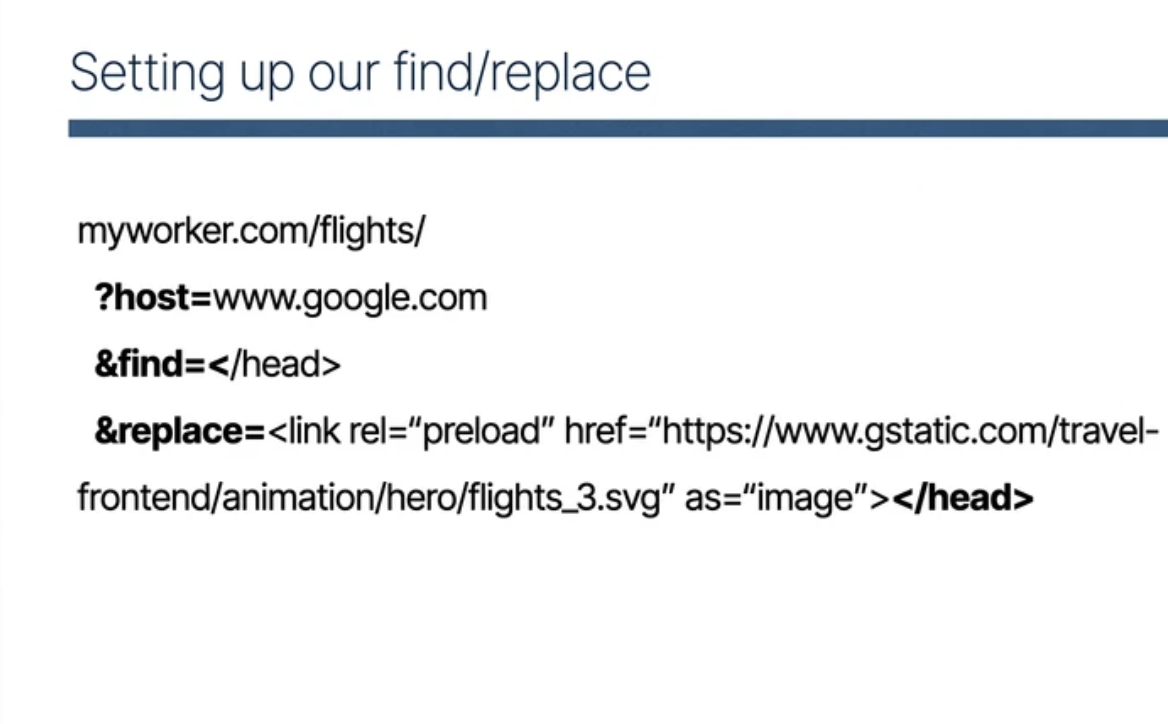 Slide showing an example URL with query params for "find" and "replace"