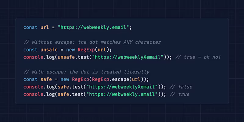 const url = "https://webweekly.email"; const unsafe = new RegExp(url); console.log(unsafe.test("https://webweeklyXemail")); // true const safe = new RegExp(RegExp.escape(url)); console.log(safe.test("https://webweeklyXemail")); // false