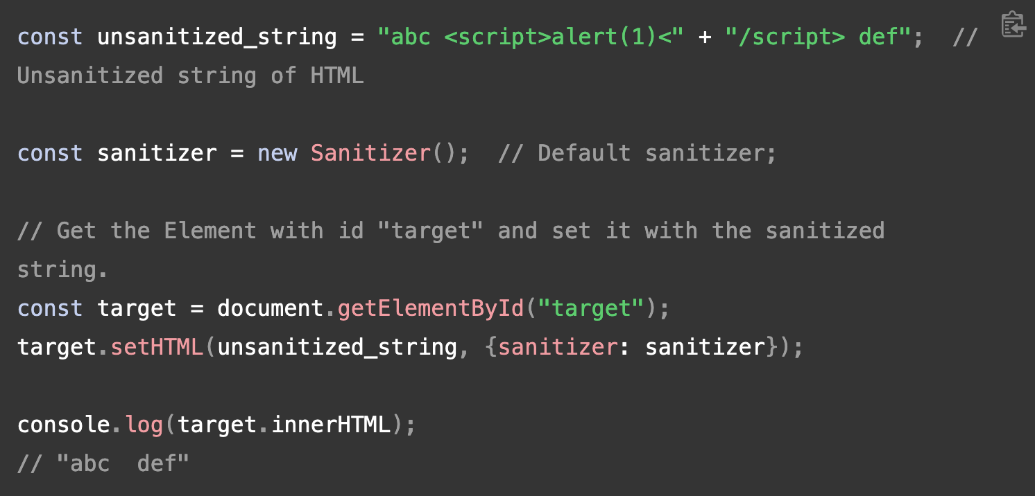 JS code showing off the Sanitizer API