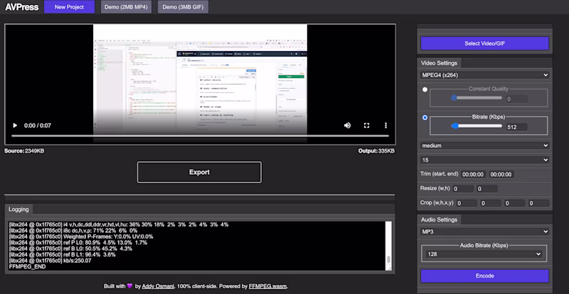 AVPress interface showing various controls and a video preview
