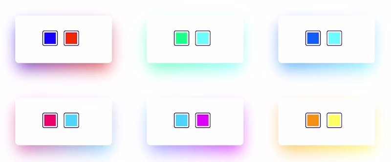 Six boxes with colorful gradient shadows.
