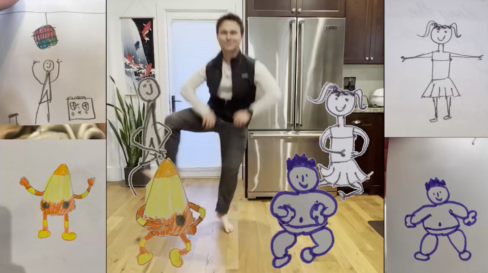 A man dancing next to animated drawings.