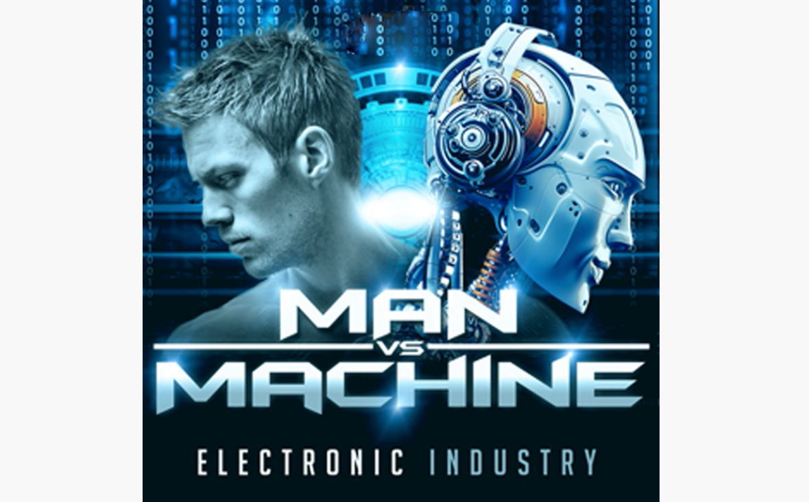 Cover showing a human and a robot: Man vs. Machine - Electronic Industry