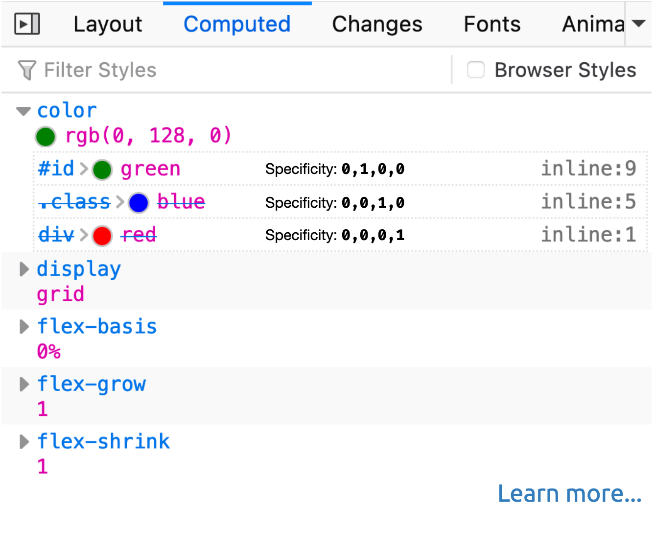 Proposal for devtools explaining the Cascade and showing selector specificity.
