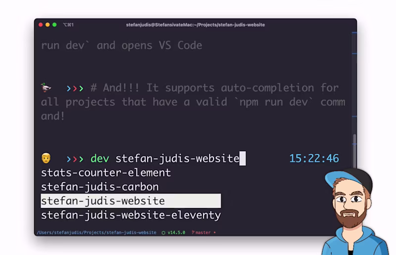 dev command with auto-completion