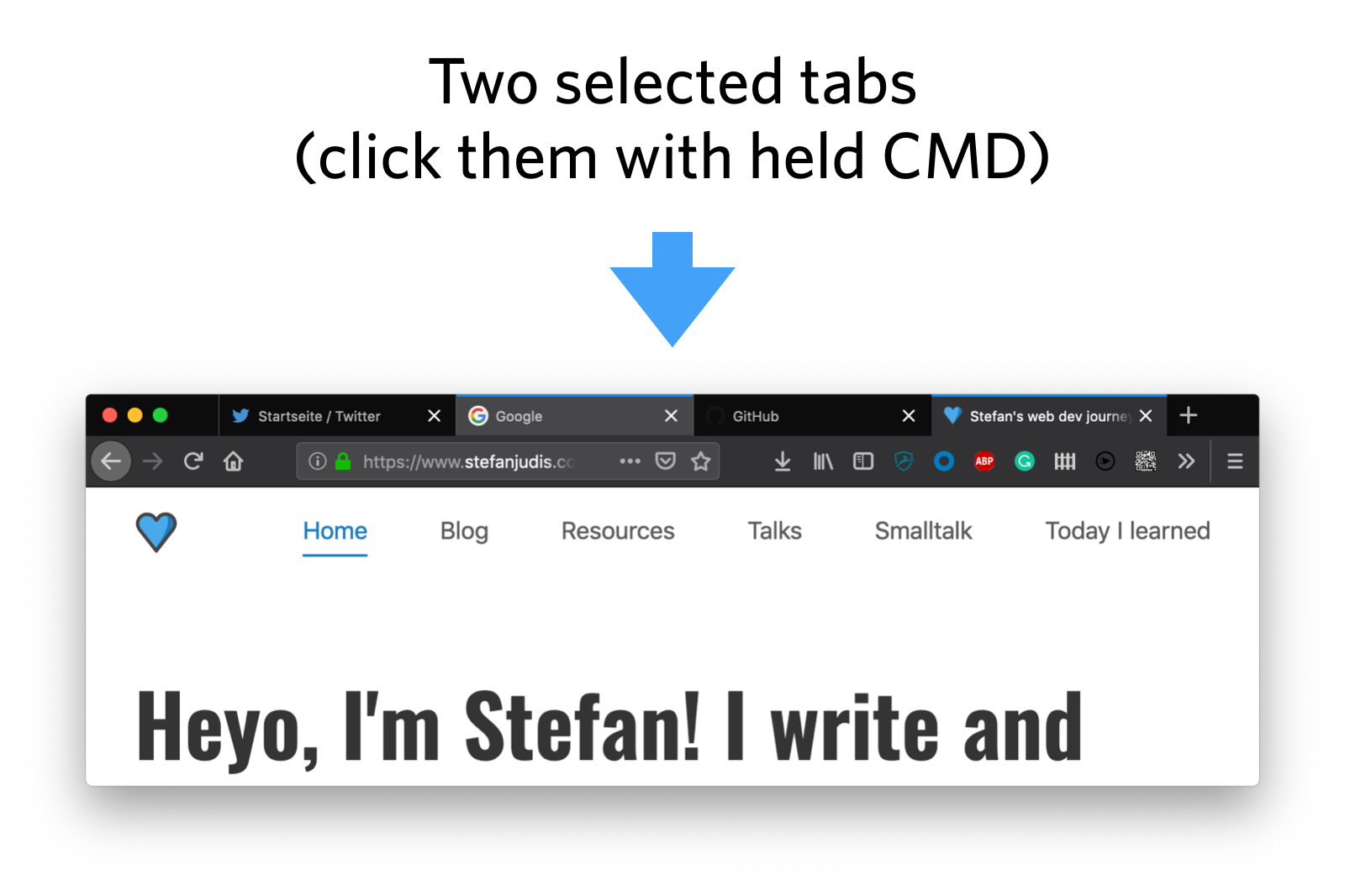 Firefox interface with two selected tabs after pressing them with hold CMD