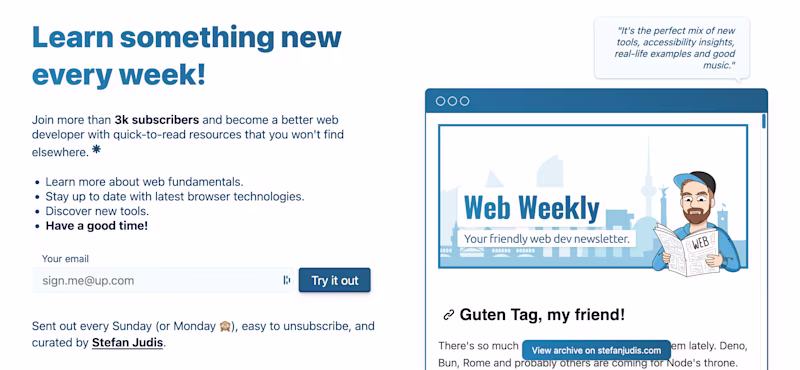 Screenshot of the new redesigned webweekly.email landing page