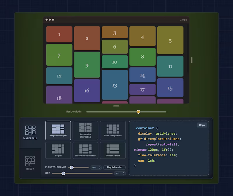 Masonry grid example with controls and source code below.