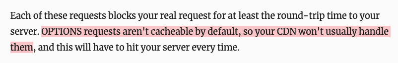 Article screenshot: Each of these requests blocks your real request for at least the round-trip time to your server. OPTIONS requests aren't cacheable by default, so your CDN won't usually handle them, and this will have to hit your server every time.