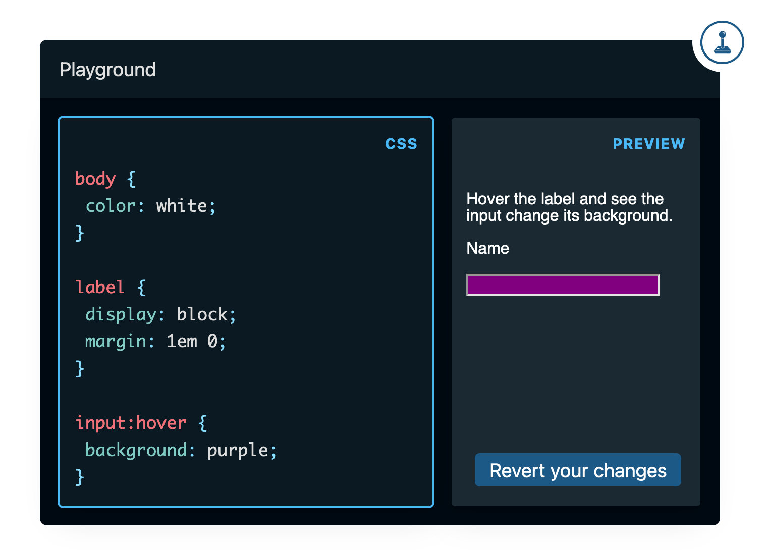 Code example showing that a :hover class is triggered when you hover an associated label.