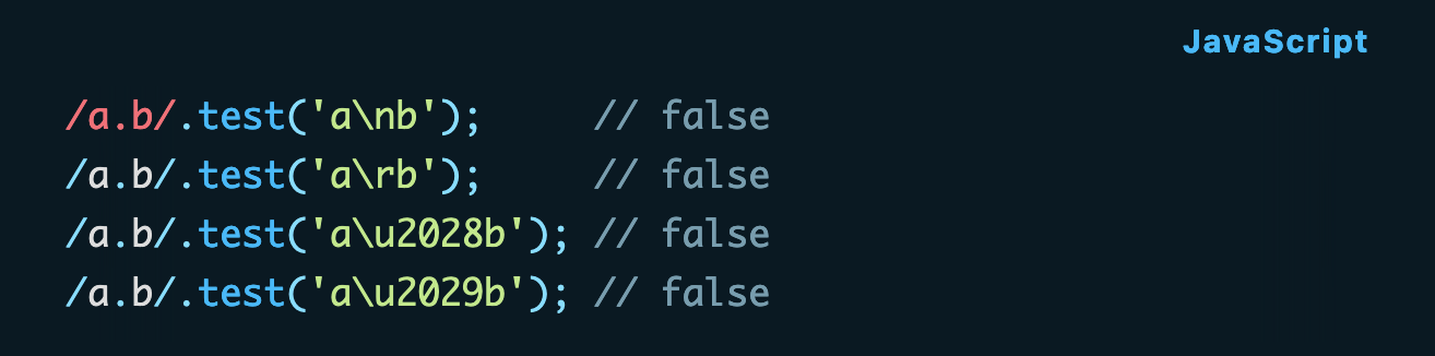 /a.b/.test('a\nb');     // false /a.b/.test('a\rb');     // false /a.b/.test('a\u2028b'); // false /a.b/.test('a\u2029b'); // false