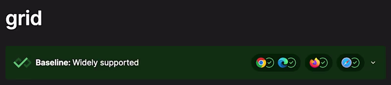 Grid entry on MDN showing that the feature is in the baseline.