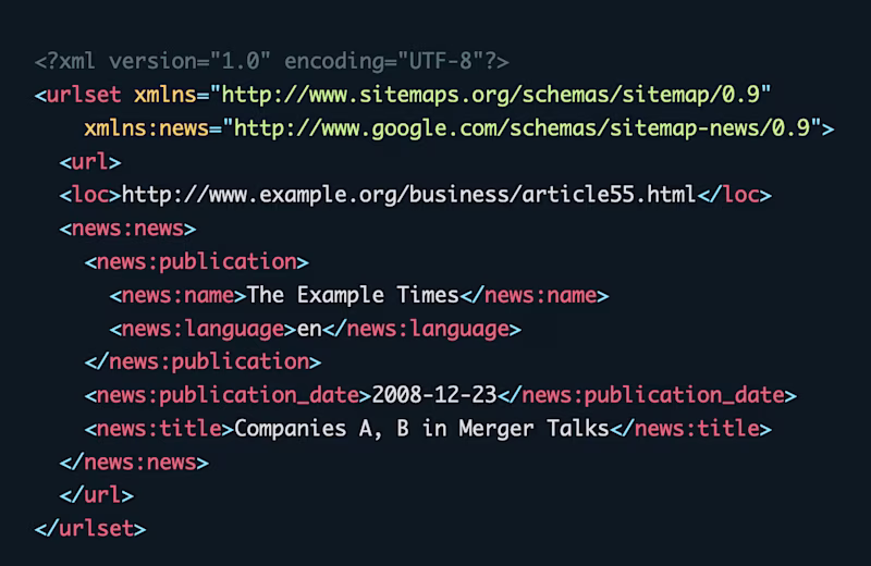 An example news sitemap with tons of XML.