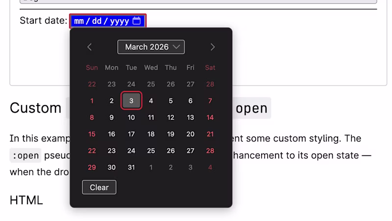 An open date input which is styled blue because the date picker is open.