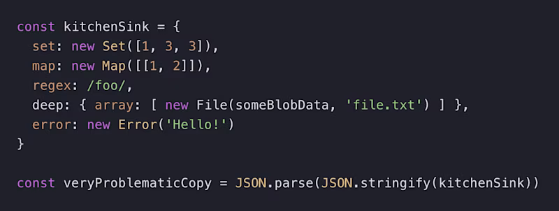 Problematic code trying to clone an object with sets, maps, regexes, errors and other types with the "JSON" module.