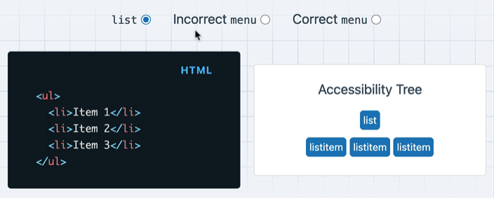Interactive component showing that role=menu changes the list item semantics.
