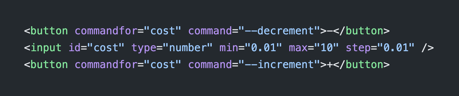 HTML snipped including buttons that use `commandfor` and `command` attributes.