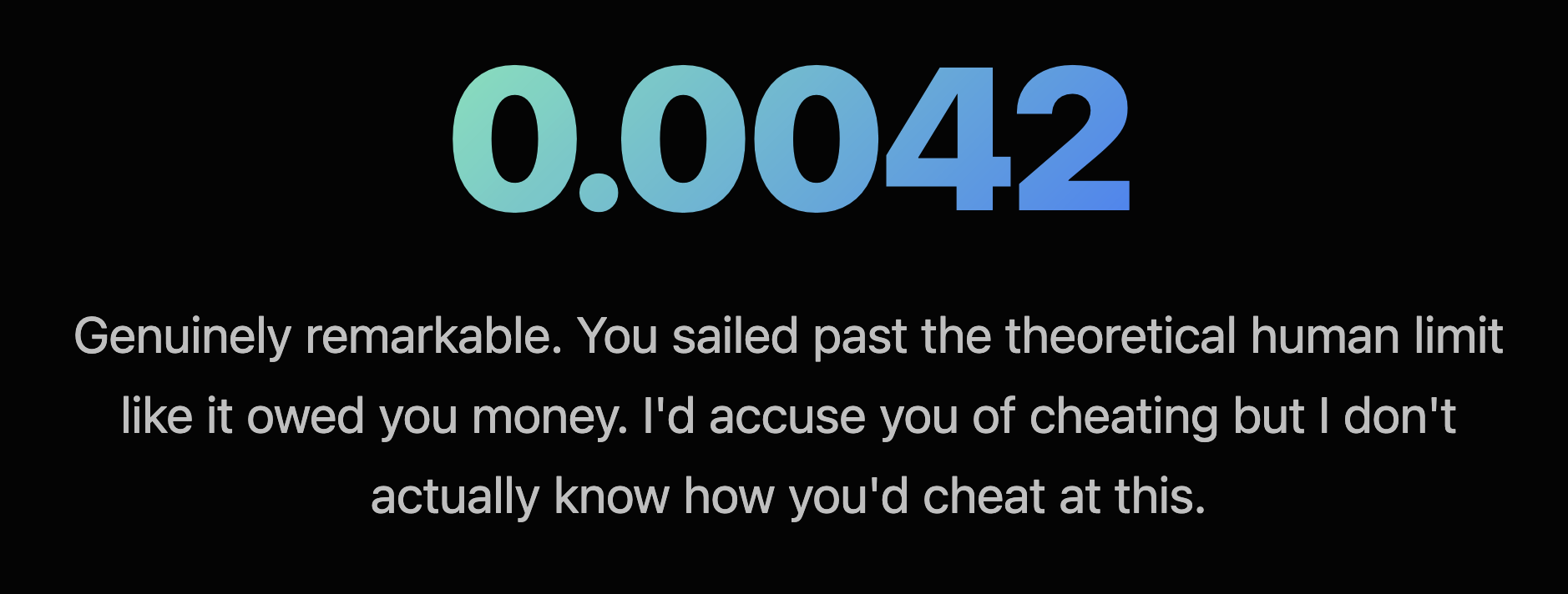 0.0042 - Genuinely remarkable. You sailed past the theoretical human limit like it owed you money. I'd accuse you of cheating but I don't actually know you you'd cheat at this.