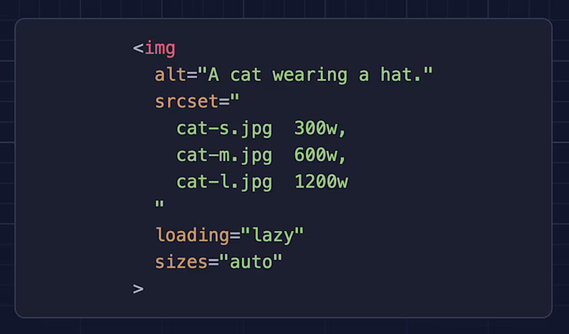 <img    alt="A cat wearing a hat."   srcset="     cat-s.jpg  300w,     cat-m.jpg  600w,     cat-l.jpg  1200w   "   loading="lazy"   sizes="auto" >