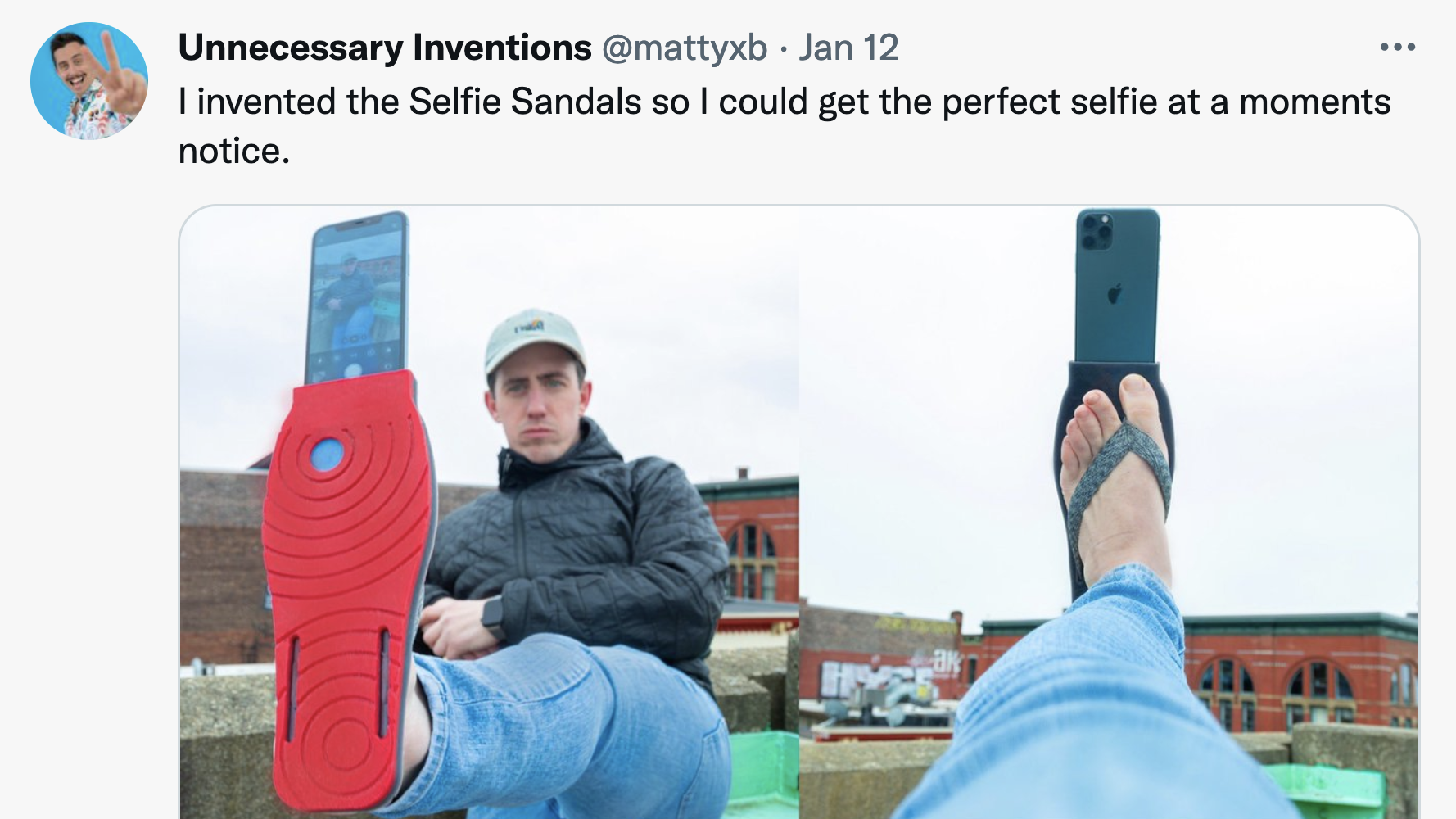 Tweet: "I invented the Selfie Sandals so I could get the perfect selfie at a moments notice." including pictures of a guy taking selfies with his feet.