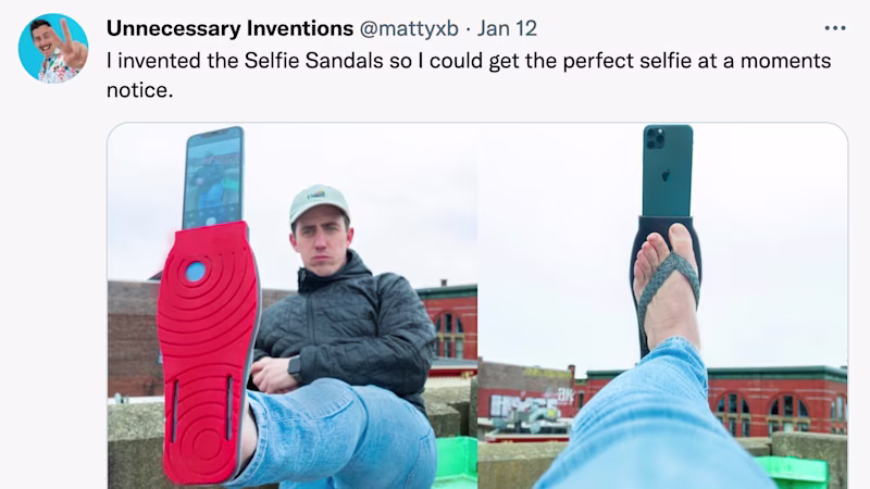 Tweet: "I invented the Selfie Sandals so I could get the perfect selfie at a moments notice." including pictures of a guy taking selfies with his feet.
