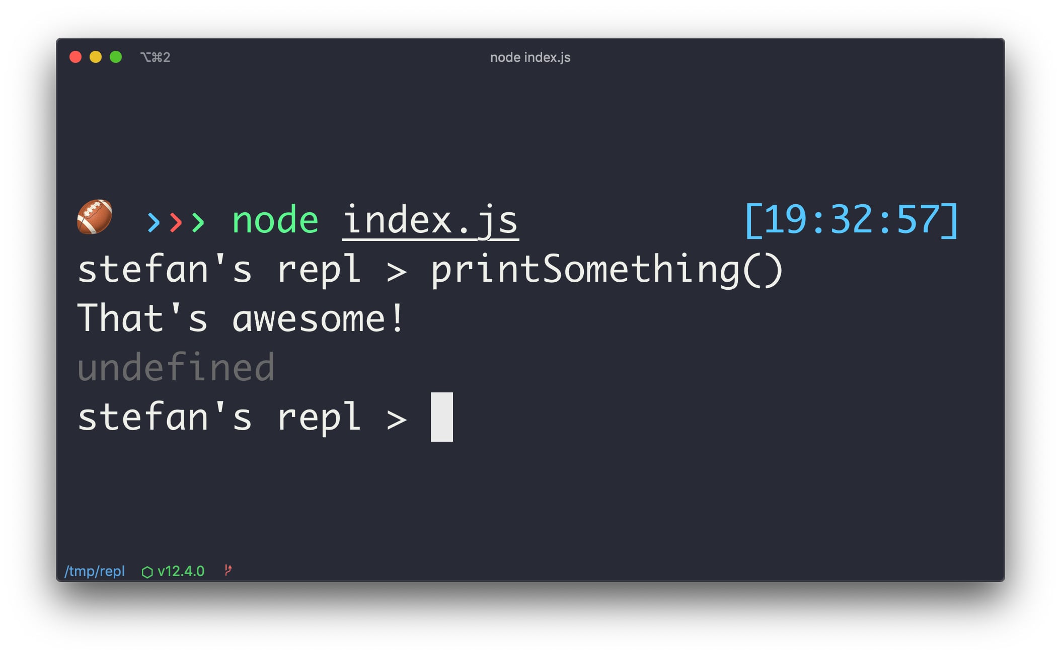 Screenshot of a terminal: start a new REPL by running "node index.js" and see the available command 'printSomething'