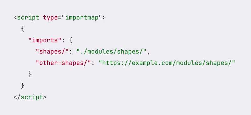 <script type="importmap"> { "imports": { "circle": "https://example.com/shapes/circle.js", "square": "./modules/shapes/square.js" } } </script>
