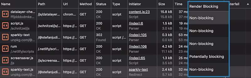 Chrome DevTools with a highlighted "Render Blocking" column