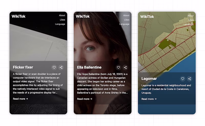 Wikitok preview showing three random wikipedia entries.
