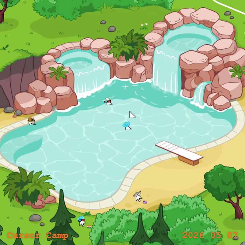 A comic style waterfall with cursors swimming in a lake.