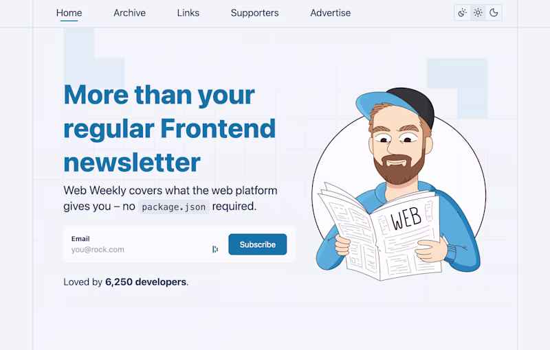 Web Weekly landing page with the usual character and big and bold headlines.