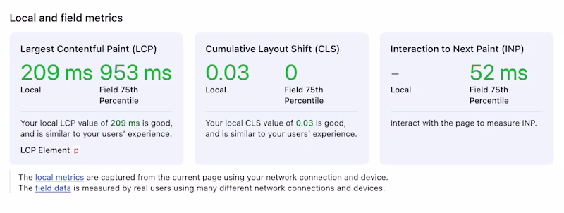 New devtools showing LCP, CLS and INP metrics.