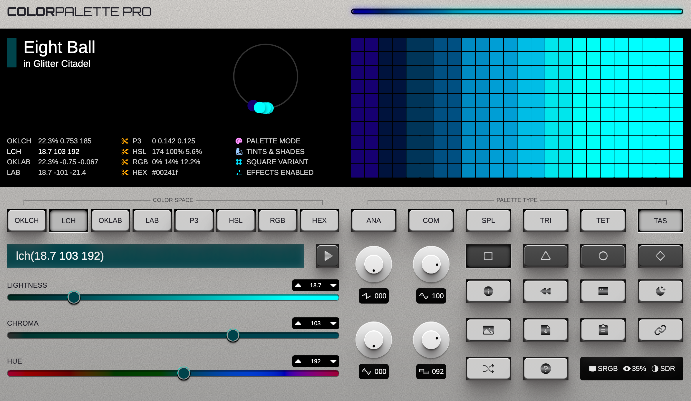 ColorPallete Pro interface looking like a synthesizer.
