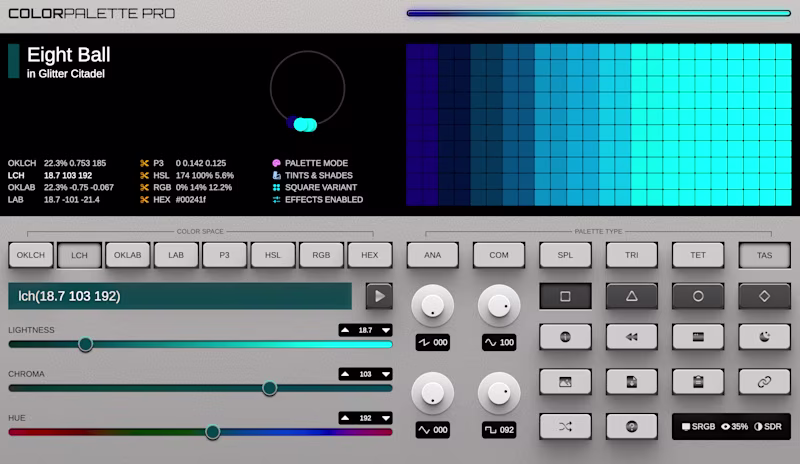 ColorPallete Pro interface looking like a synthesizer.