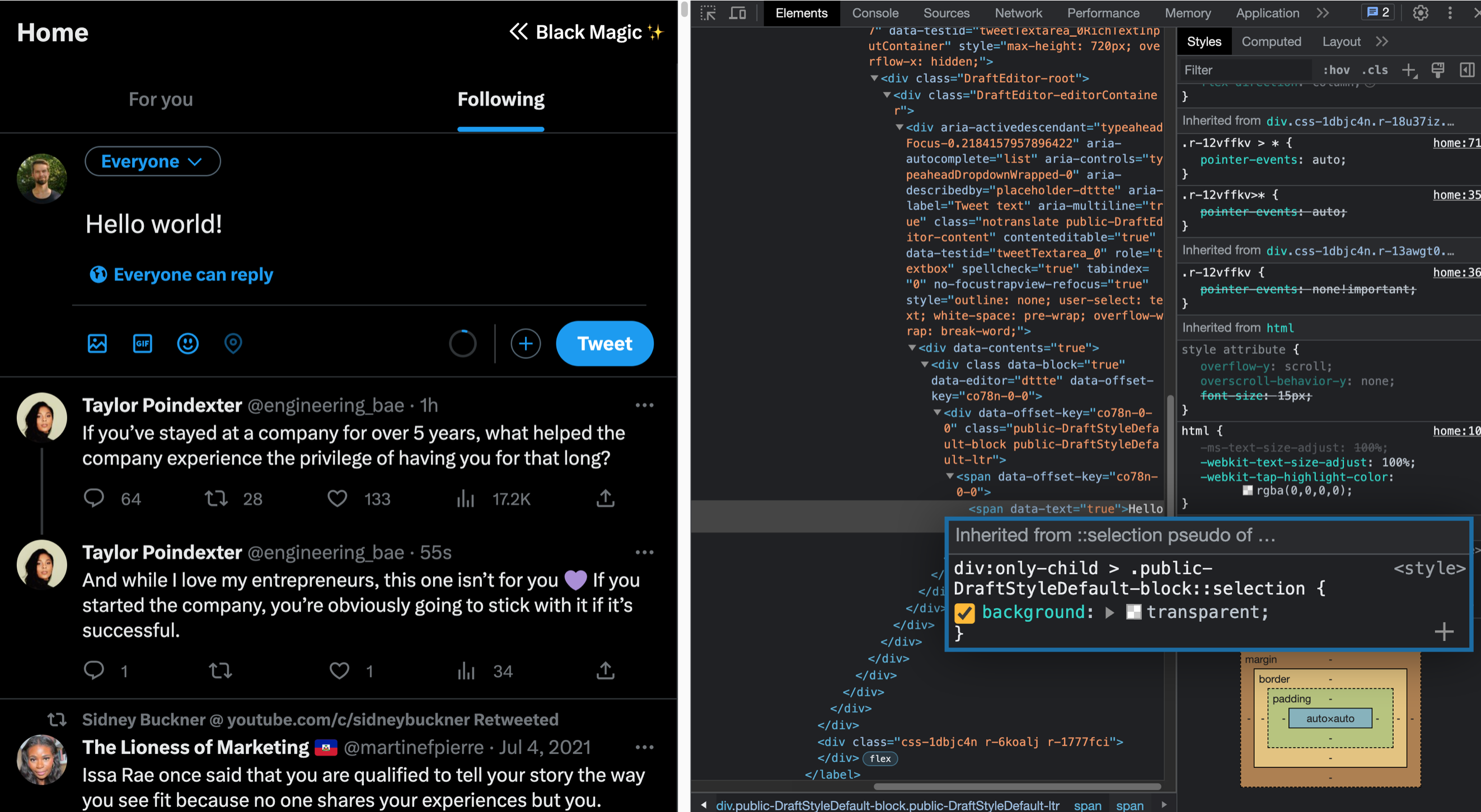 Twitter with opened DevTools showing that `background: transparent` is set for `::selection`.