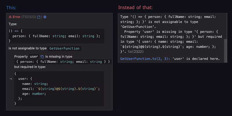 Comparison of two intellisence errors. One is barely readable whereas the other is nicely formatted.