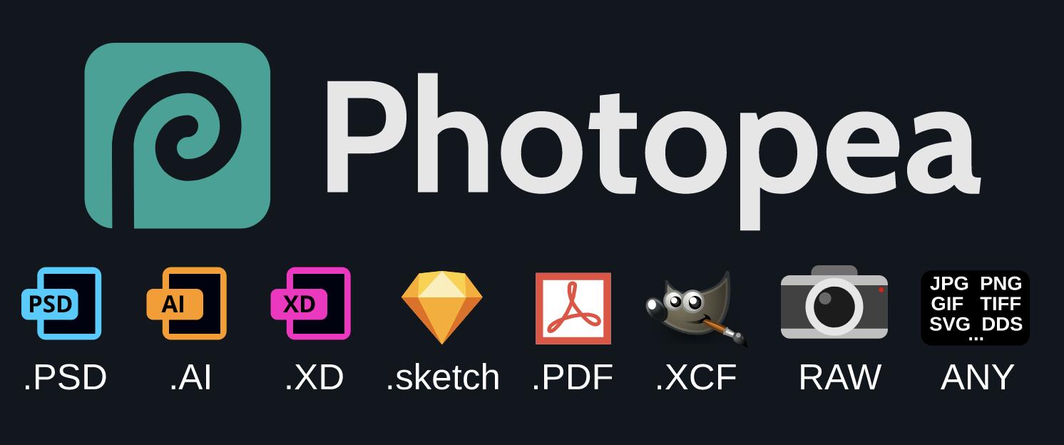 Photopea with file format icons psd, ai, xd, sketch, pdf, xcf, raw and any