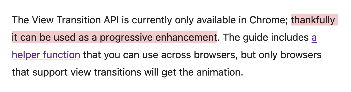 The View Transition API is currently only available in Chrome; thankfully it can be used as a progressive enhancement. The guide includes a helper function that you can use across browsers, but only browsers that support view transitions will get the animation.