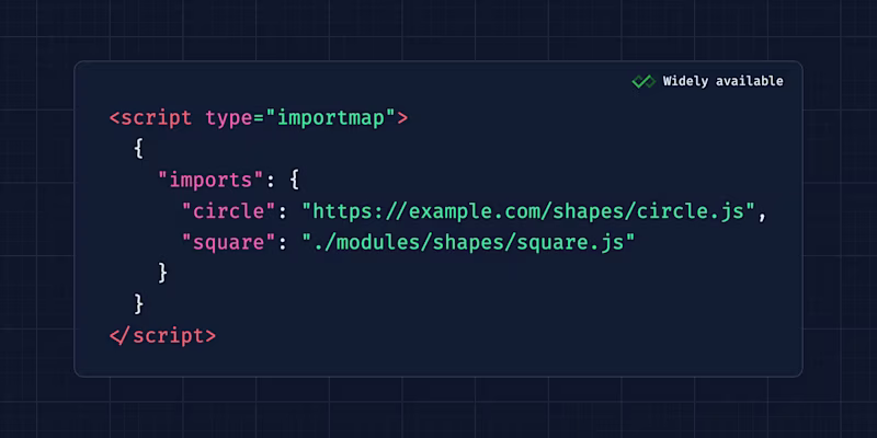 <script type="importmap"> { "imports": { "circle": "https://example.com/shapes/circle.js", "square": "./modules/shapes/square.js" } } </script>