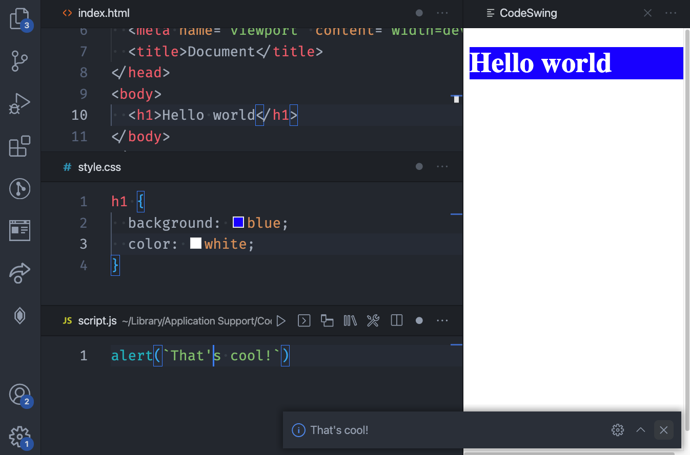 CodeSwing in VS Code including an editor for HTML, JS and CSS and a preview window