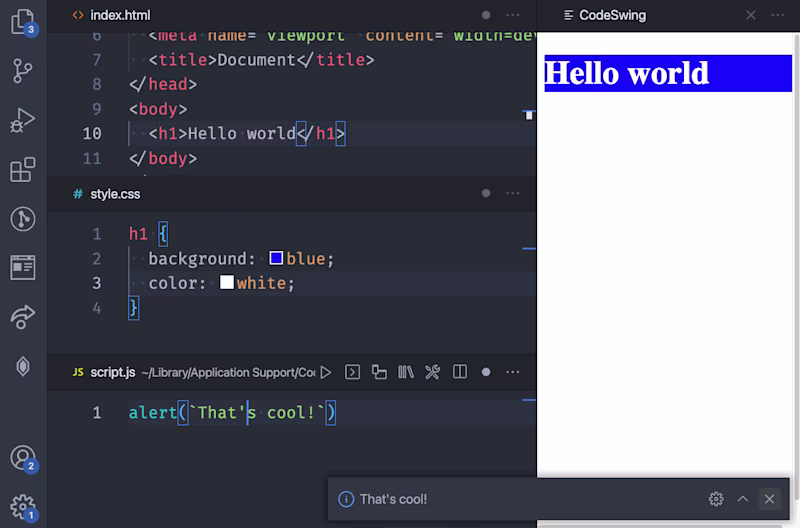 CodeSwing in VS Code including an editor for HTML, JS and CSS and a preview window