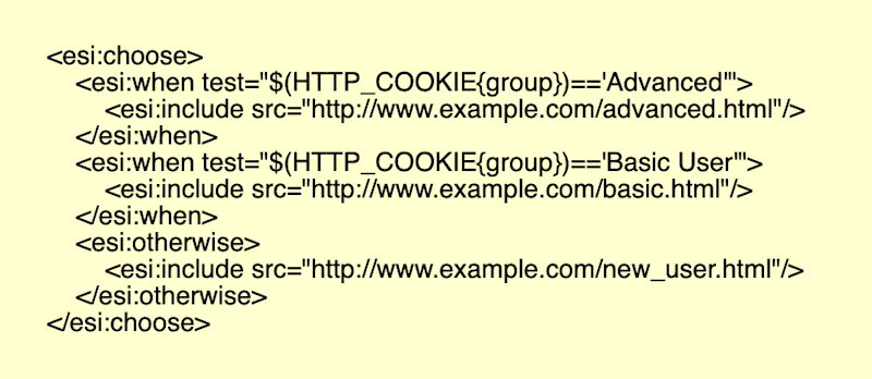 <esi:choose> 
    <esi:when test="$(HTTP_COOKIE{group})=='Advanced'"> 
        <esi:include src="http://www.example.com/advanced.html"/> 
    </esi:when> 
    <esi:when test="$(HTTP_COOKIE{group})=='Basic User'">
        <esi:include src="http://www.example.com/basic.html"/>
    </esi:when> 
    <esi:otherwise> 
        <esi:include src="http://www.example.com/new_user.html"/> 
    </esi:otherwise>
</esi:choose>